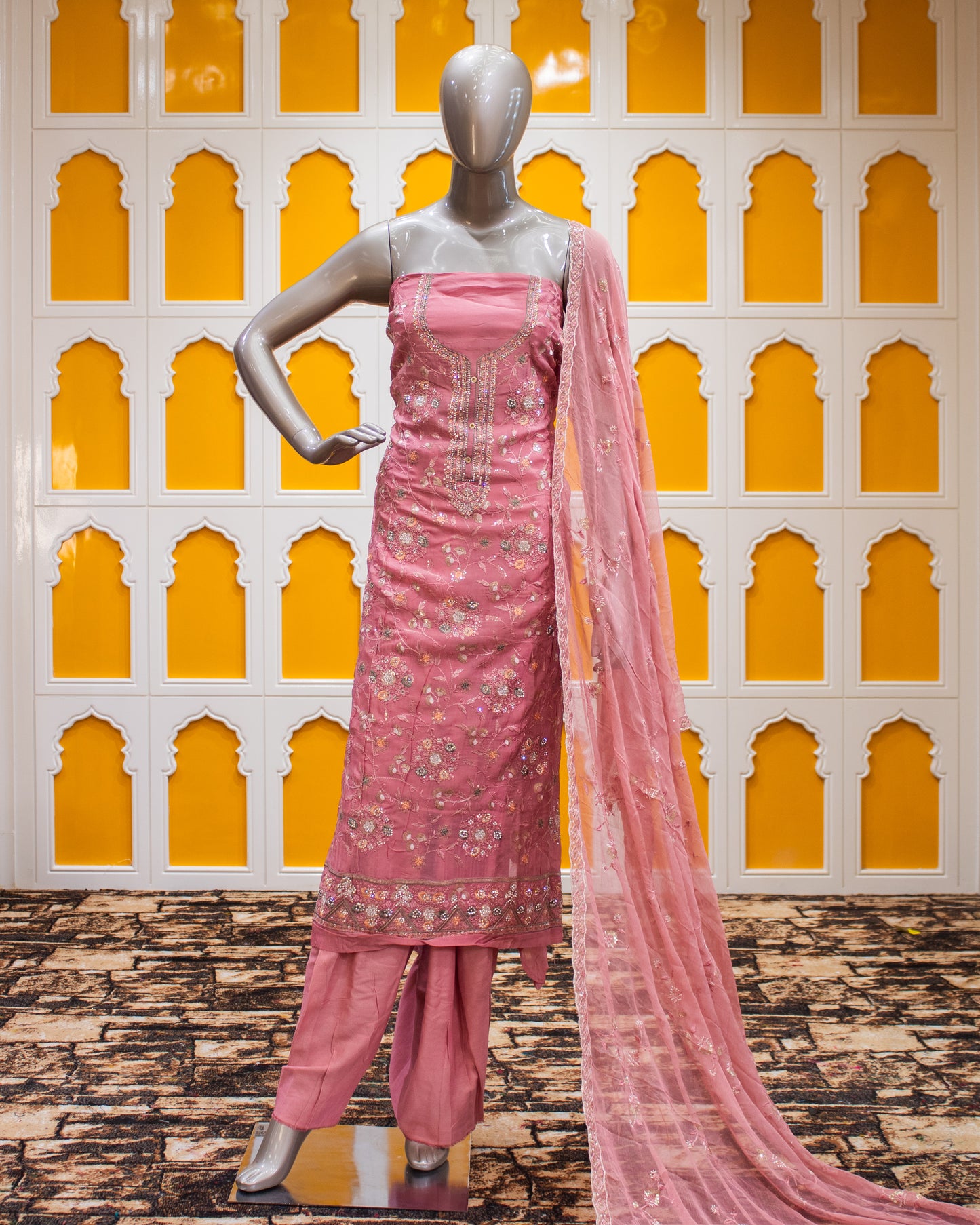 Light Red Sequence and Thread Work Salwar Suit Fabric