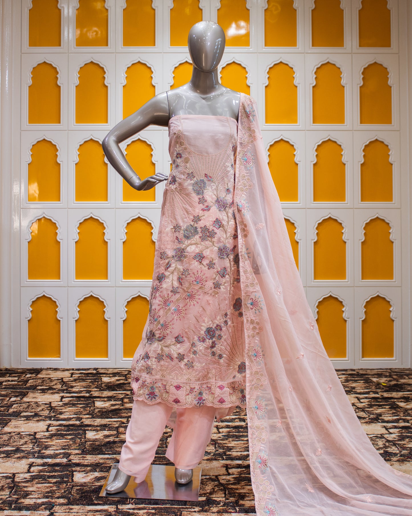 Pink Organza Zari and Embroidery Work Salwar Suit Fabric