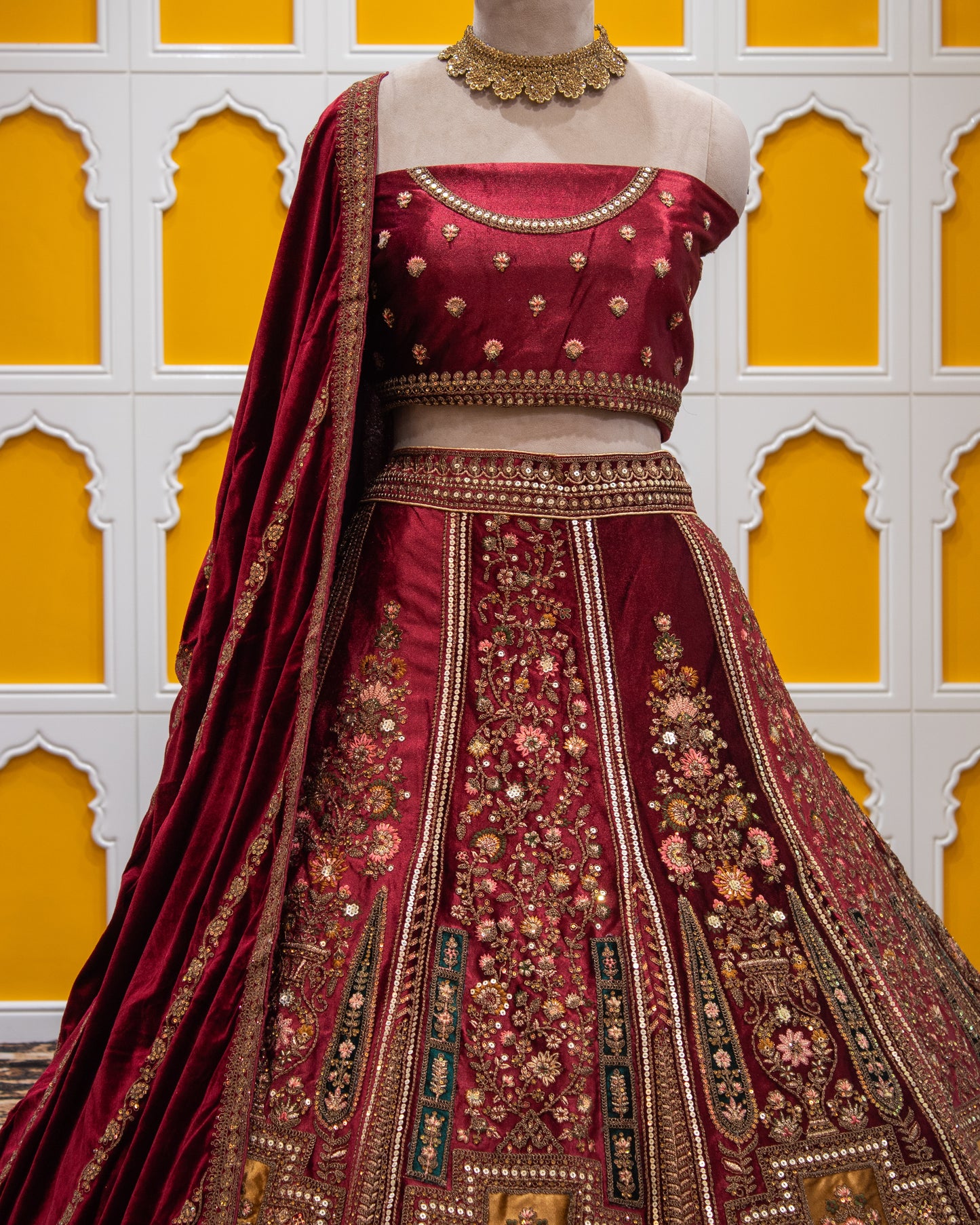Maroon Pita Zari Work Velvet Bridal Lehenga Art-338