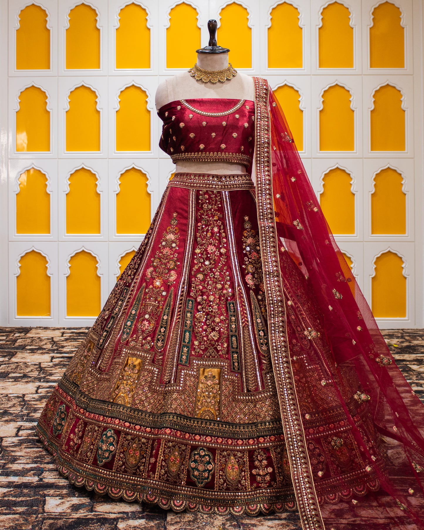 Maroon Pita Zari Work Velvet Bridal Lehenga Art-338