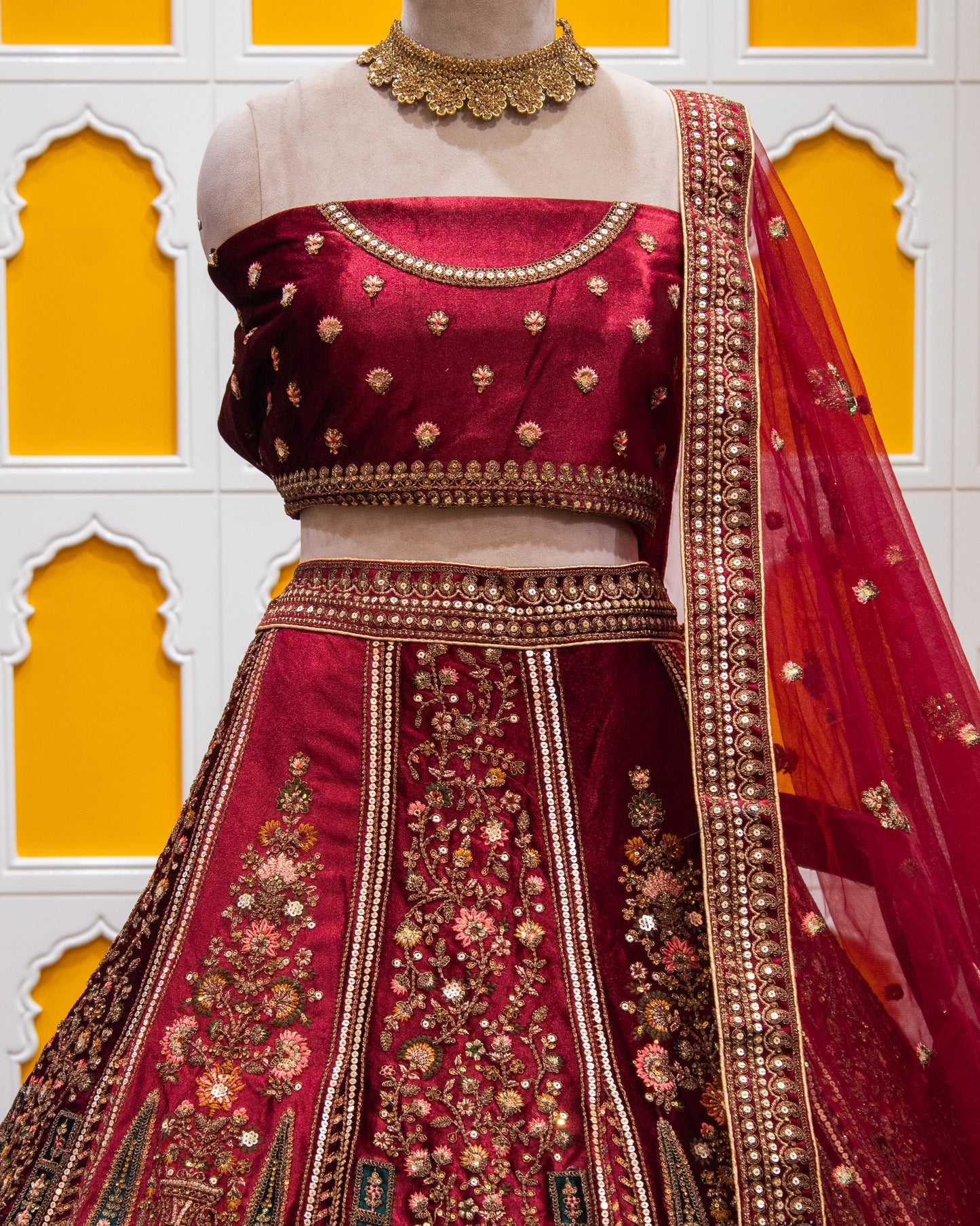 Maroon Pita Zari Work Velvet Bridal Lehenga Art-338