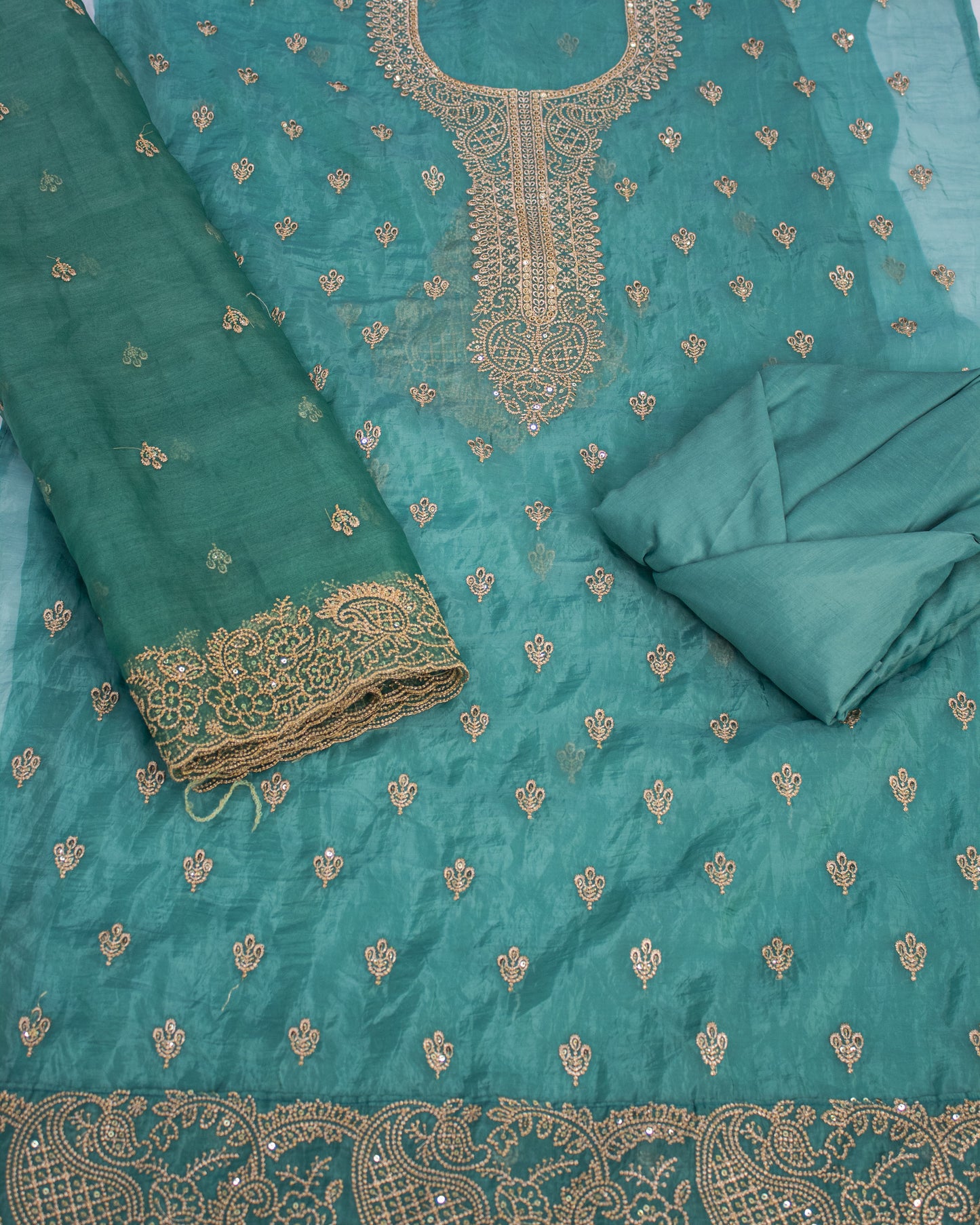 Cyan Green Zari Work Salwar Suit Fabric