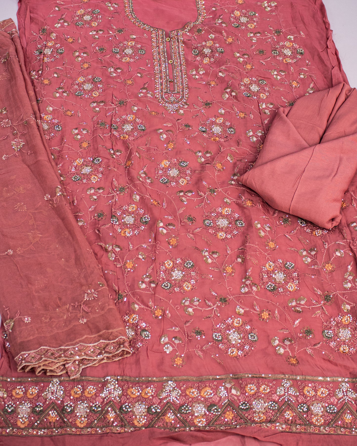 Light Red Sequence and Thread Work Salwar Suit Fabric