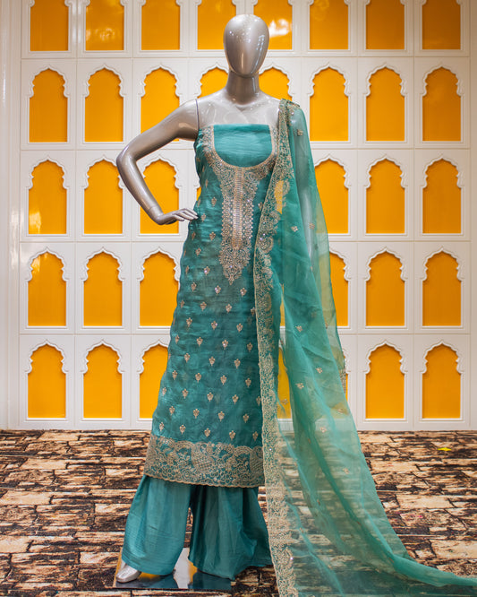 Cyan Green Zari Work Salwar Suit Fabric