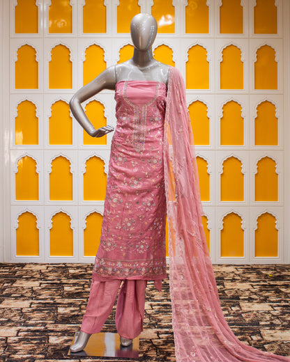 Light Red Sequence and Thread Work Salwar Suit Fabric