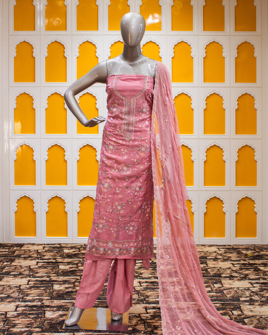 Light Red Sequence and Thread Work Salwar Suit Fabric