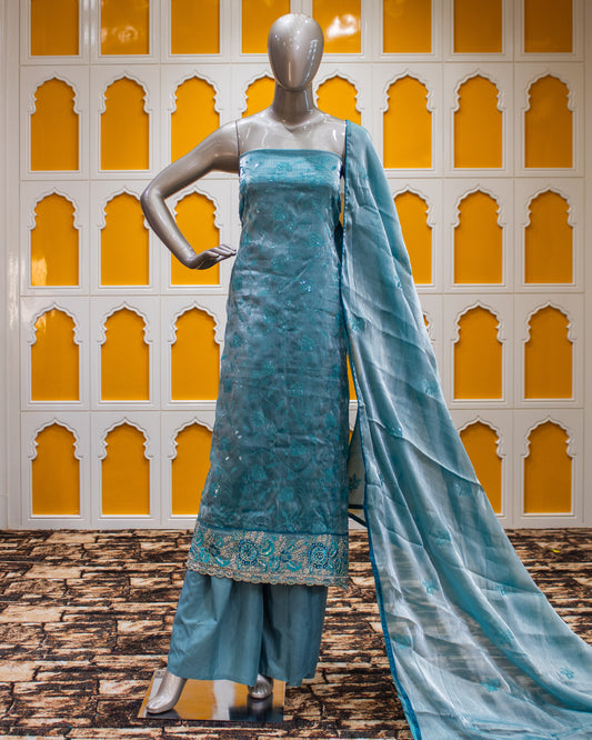 Sea Blue Water Sequence Work Salwar Suit Fabric