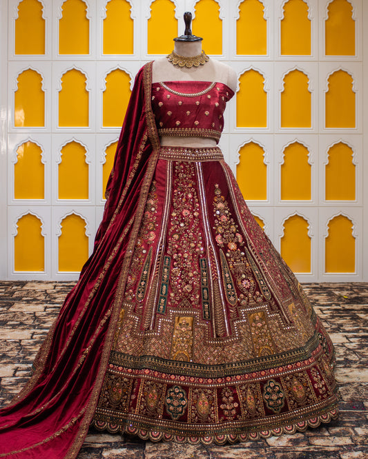 Maroon Pita Zari Work Velvet Bridal Lehenga Art-338