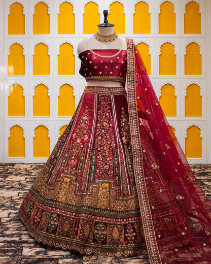 Maroon Pita Zari Work Velvet Bridal Lehenga Art-338