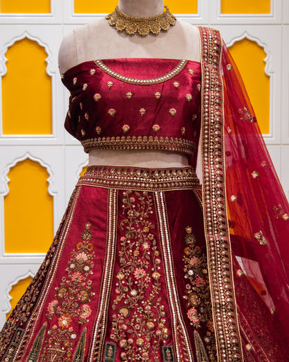 Maroon Pita Zari Work Velvet Bridal Lehenga Art-338