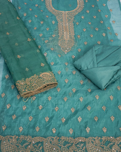 Cyan Green Zari Work Salwar Suit Fabric