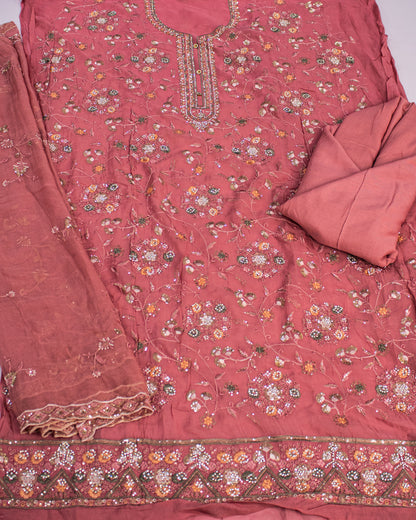 Light Red Sequence and Thread Work Salwar Suit Fabric