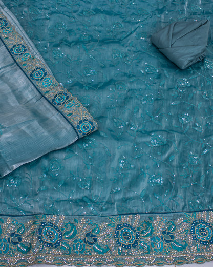 Sea Blue Water Sequence Work Salwar Suit Fabric